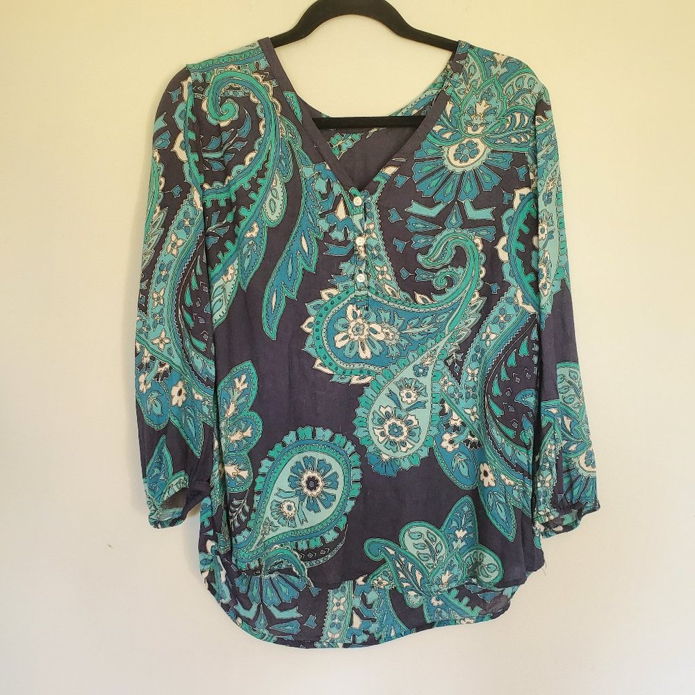Boho silk blue paisley half button blouse L